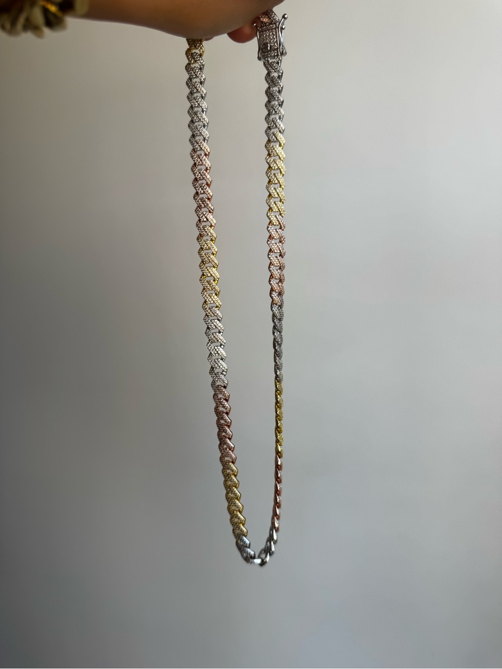 Iced Out Tri-Color 20” Chain Necklace - Gold, Silver & Rose Gold